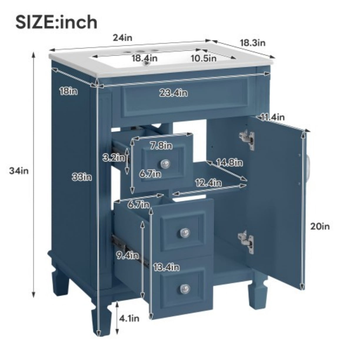 24" Bathroom Vanity with Ceramic Sink, Small Bathroom Vanity Cabinet with 2 Drawers, Adjustable Shelf, Soft-Close Door, Blue