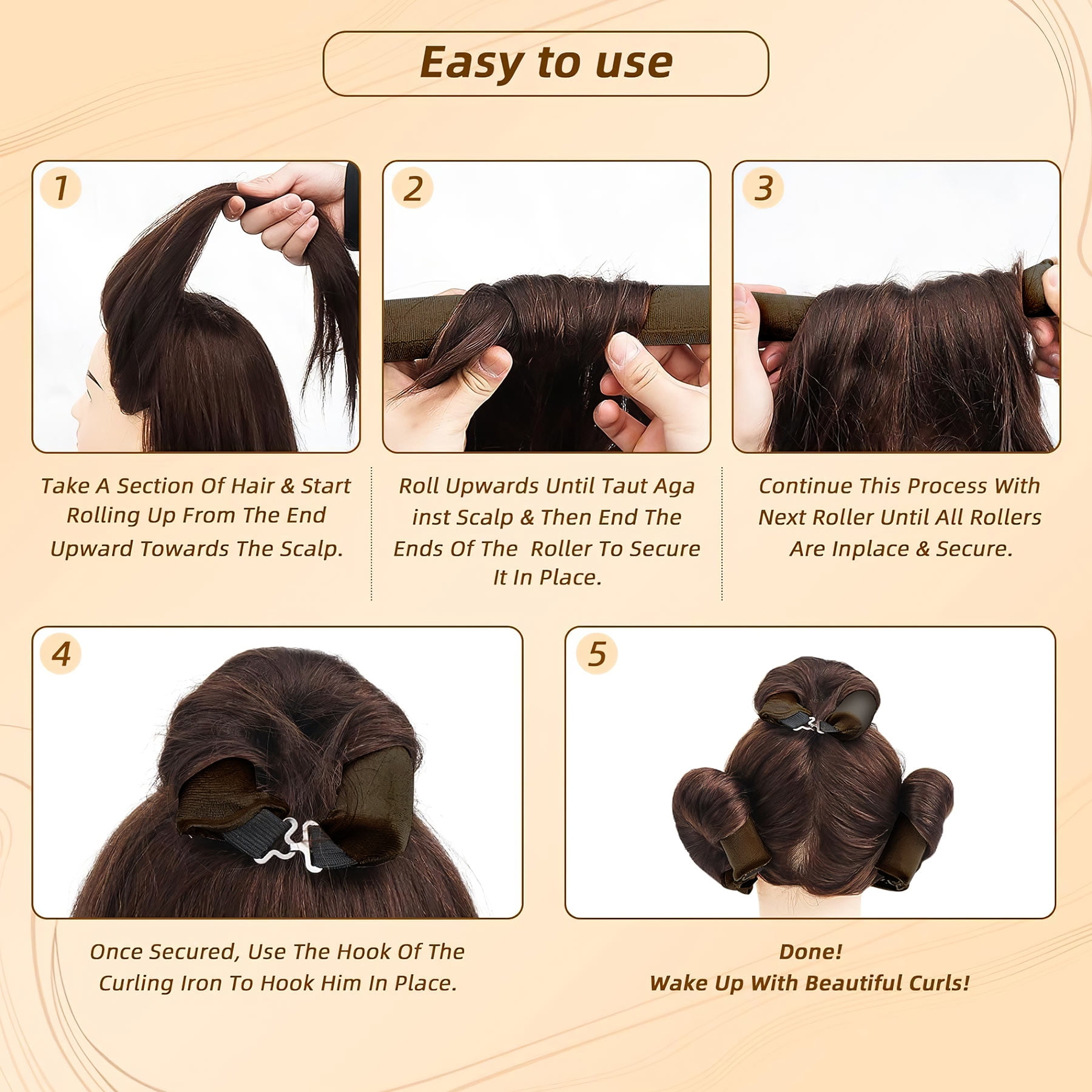 Overnight Heatless Hair Curler, Heatless Curls Satin Flexi Rods with Hook, Versatile Curling Tool for All Hair Types, Brown