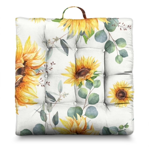 Boho Sunflower Aesthetic Floor Pillow - Oversized Square Meditation Cushion with Vintage Yellow Floral Pattern