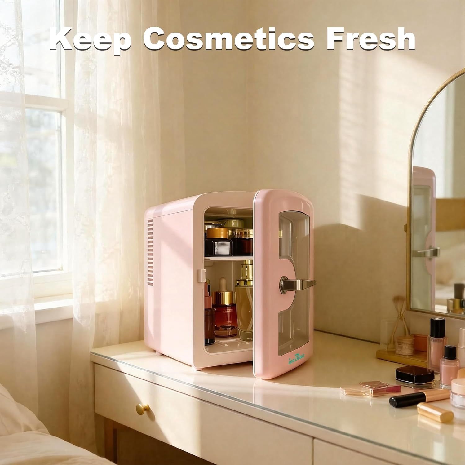 Fridge, Skincare Fridge with Viewing Window, 4 Liter /6 Cans Compact  Makeup Fridge for Beauty & Beverages, Tiny Fridge for Desk, Bedroom, Car, Office, Dorm, Gift - Pink