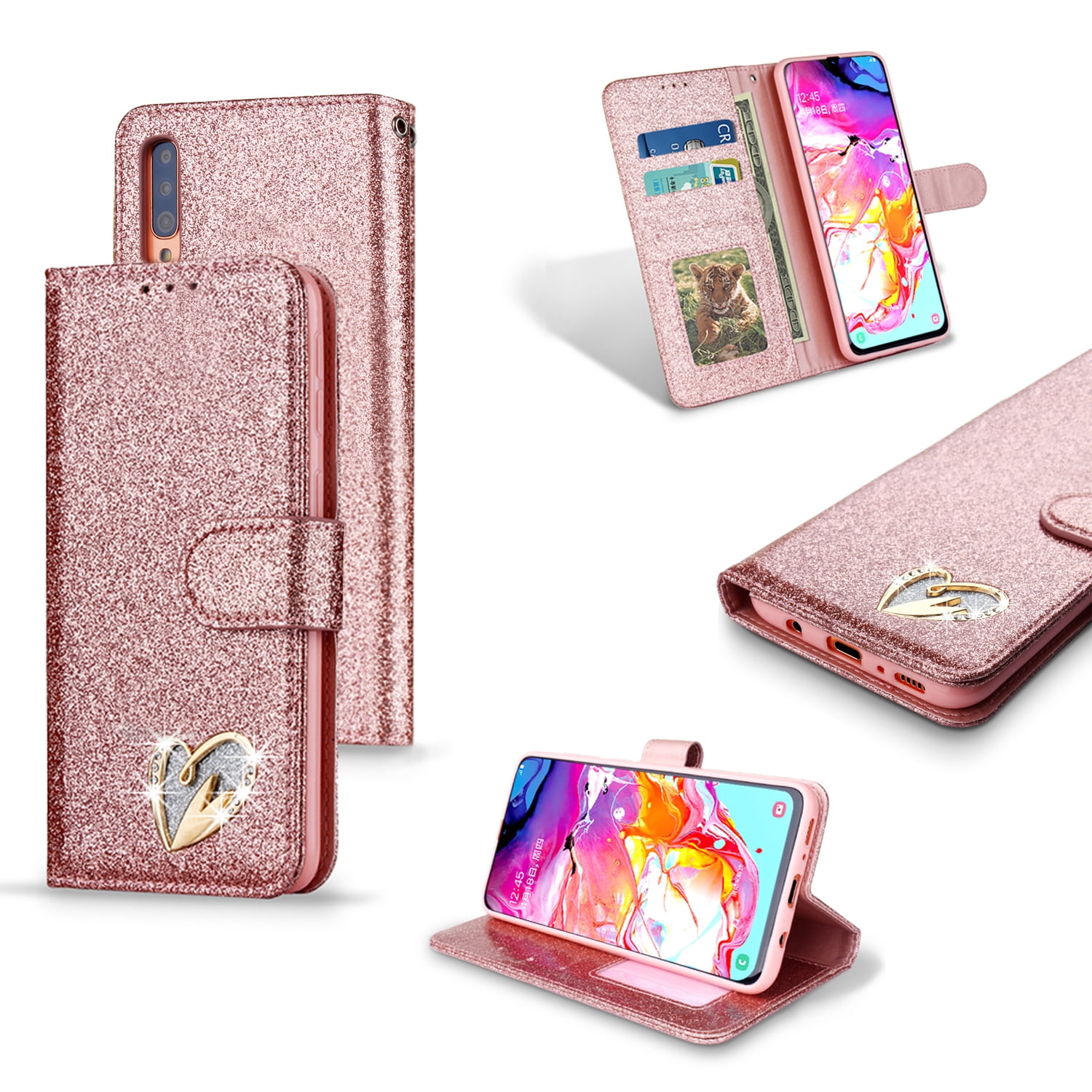 Phone Case for Samsung Galaxy A70 Owl 3D Glitter Shockproof Leather Flip Wallet Cases Sparkly Magnetic Folio Slim Fit TPU Bumper with Stand Card Holder Slots Cover for Samsung Galaxy A70 Rose Gold