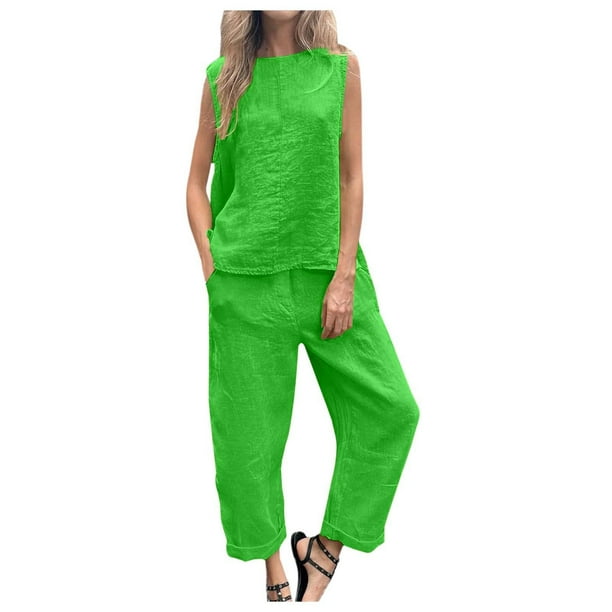 Conjunto de dos piezas de lino y algodón de color liso para mujer: top sin mangas y pantalones anchos, corte holgado informal