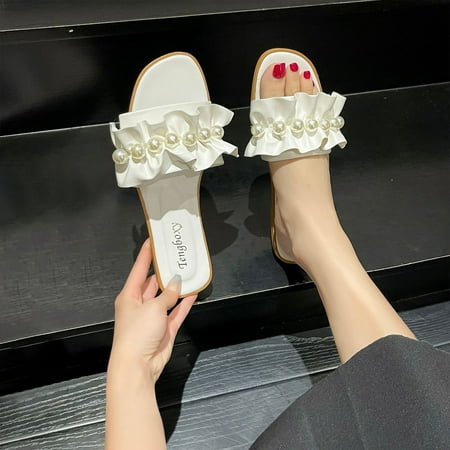 

Woman Sandals Size 9 AXXD Women s Shoes Summer New Style Daily Leisure One-line Rhinestone Plush Flat Slippers Women for Reduce White 4.5