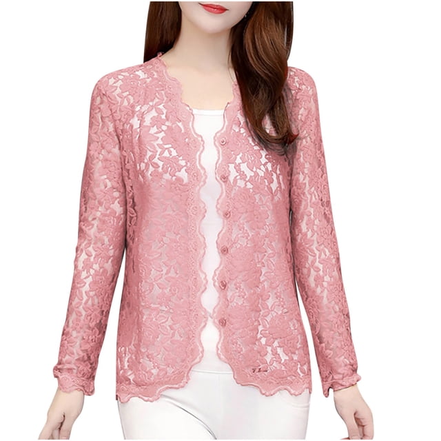 Timegard Lightweight Cardigan for Women Plus Size Button down Lace Jackets Fall Long Sleeve Cover Up