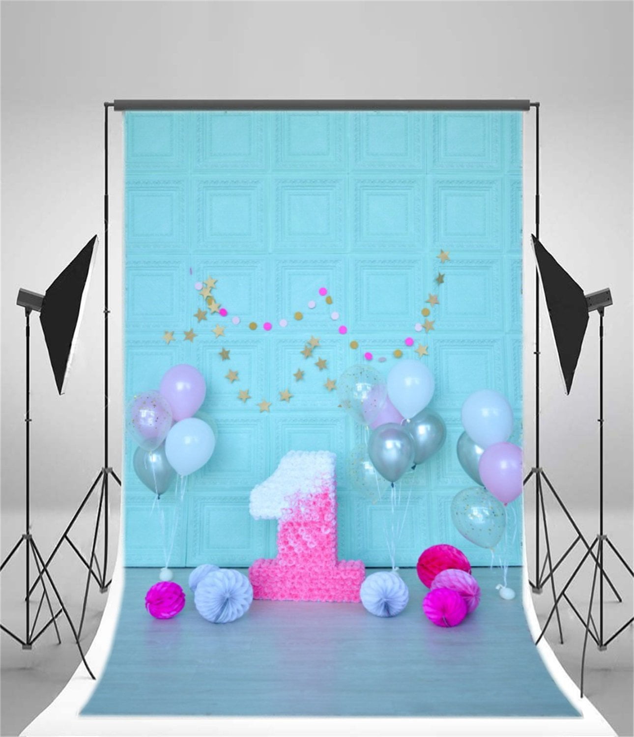 Polyester 7x5ft Photography Background Blue Pinata 1st Decorations One Year Old Birthday Infant Damask Wallpaper Multi Color Balloons Paper Flowers Theme Backdrops Portrait