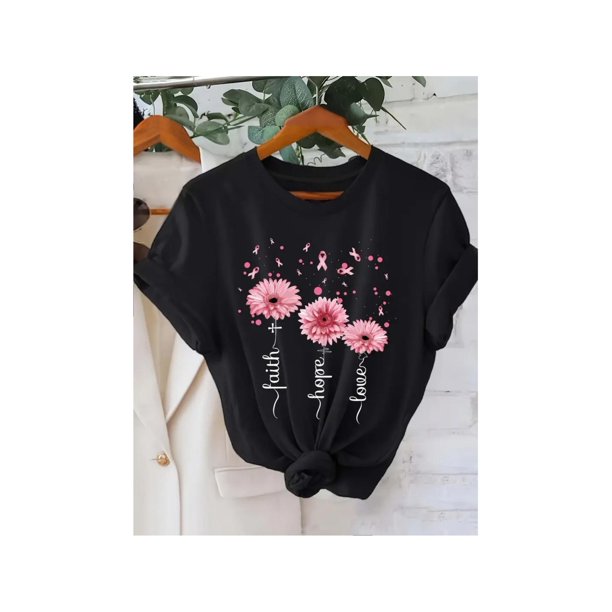 Pink Sunflower "Faith" Printed Ladies Short-Sleeved T-Shirt, Printed Round Neck Short-Sleeved T-Shirt, Versatile High-Quality Leisure Sports, Fashion, Women'S Wear.