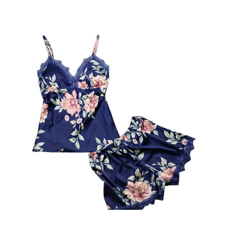

Women Satin Lace Lingerie Sleepwear Floral Tops Shorts Pjs Pajamas Set Nightwear