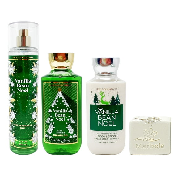 Bath & Body Works Vanilla Bean Noel - Trio Gift Set - Fine Fragrance Mist, Shower Gel and Body Lotion With a Natural Oats Bar Soap.