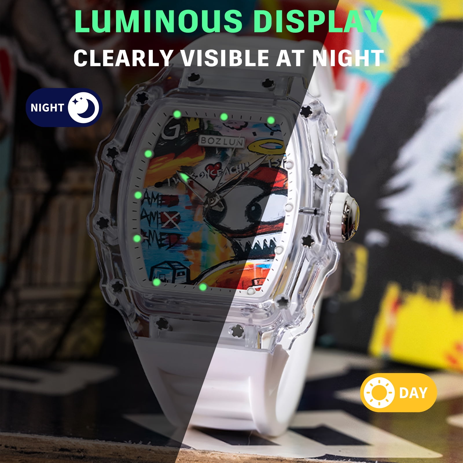 BOZLUN Men Watch Luxury Automatic Mechanical Watches Self Winding, Luminous Waterproof 3D Dial Watches for Men White