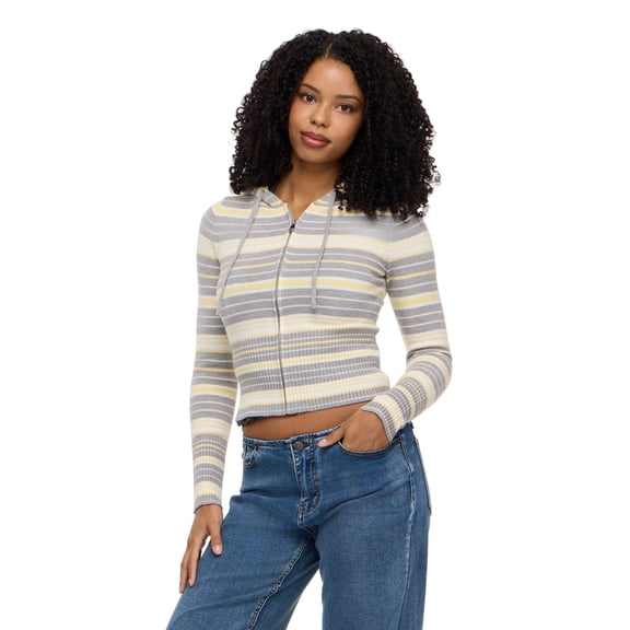 Forever 21 Women's Striped Zip Up Hooded Sweater, Long Sleeve Soft Knit Hoodie, Casual Everyday Streetwear Style Top, Grey, XXS-XXL