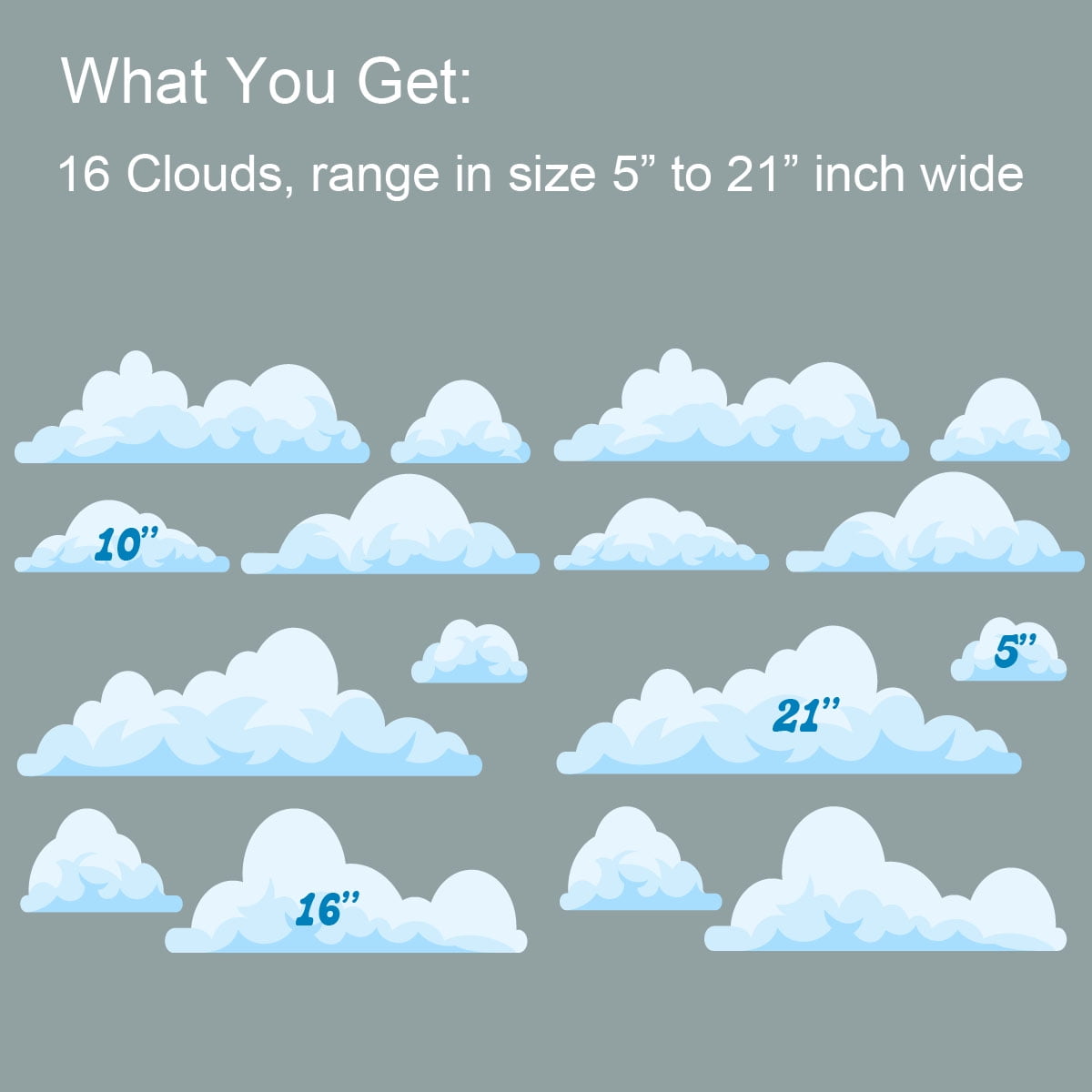 Fluffy Cloud Wall Decals, Set of 16 Clouds, Watercolor Wall Stickers for Nursery, Classroom or Playroom A001