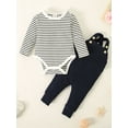 thumbnail image 4 of CARETOO Baby Boy Clothes 2Pcs Infant Boy Overalls Outfits Baby Striped Romper Jumpsuits Set Cotton Fabric Newborn Cute Casual Bodysuit 0-24M, 4 of 12