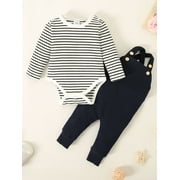 CARETOO Baby Boy Clothes 2Pcs Infant Boy Overalls Outfits Baby Striped Romper Jumpsuits Set Cotton Fabric Newborn Cute Casual Bodysuit 0-24M
