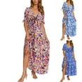 thumbnail image 3 of Womens Floral Summer Dress Casual Wrap V Neck Short Sleeve Belted Beach Bohemian Maxi Dress, 3 of 8