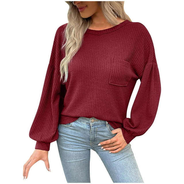 Timegard Hauts pour Femmes Col Rond Manches Longues Dos Nu Couleur Unie T-Shirts Automne Habillé Décontracté Ample Hauts