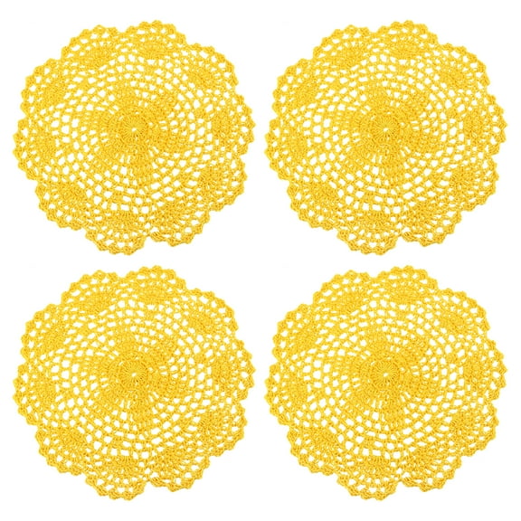 Lace Doilies, 4pcs 8" - Cotton Woven Round Crochet Coaster, Floral Design Fabric Handmade Placemat for Drink Wedding Party Decoration (Yellow)