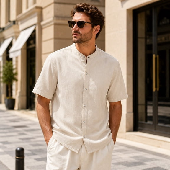 Men’s Short Sleeve Band Collar Shirt, Lyocell Viscose Linen Blend Button Down Casual Summer Shirt, Relaxed Fit Lightweight Top