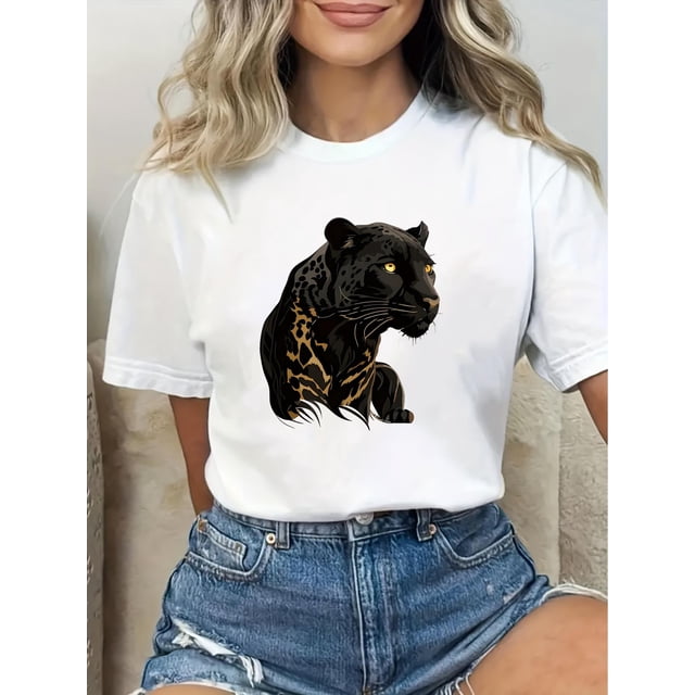 T-Shirt Blanc Rétro Chic pour Femmes avec Imprimé Visage de Panthère Élégant - Col Rond Décontracté, Haut à Manches Courtes, 100 % Polyester, Lavable en Machine, Coupe Décontractée/chemise Imprimé Panthère/finition Brillante