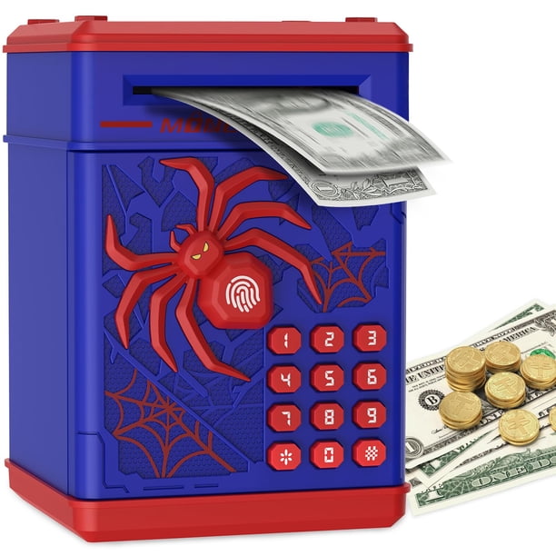 Piggy Bank Pupidiu Spider con huella digital, cajero automático para niños, color azul