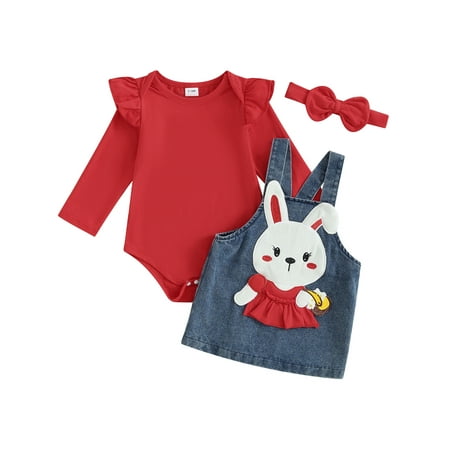 

Wallarenear Baby Girl Easter Outfit Long Sleeve Romper Rabbit Suspender Skirt Overall Dress Red 3-6 Months