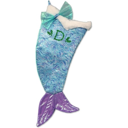 Christmas Stocking Monogrammed Monogrammed Christmas Stocking, Sparkle Flecked Mermaid Tail with Purple Kids Glitter Initial ()