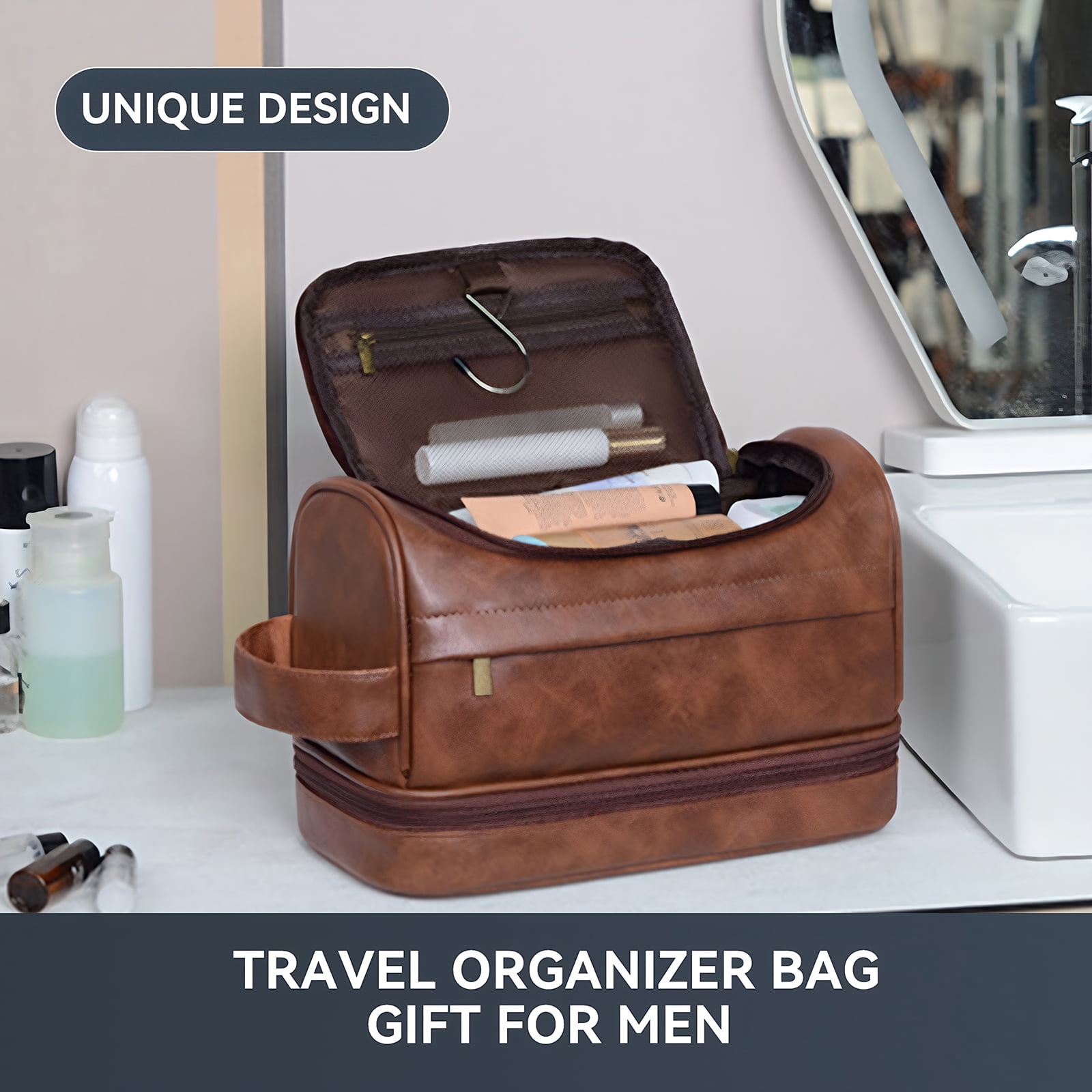 Toiletry Bag for Men, Large Leather Travel Pouch Bag with Hanging hook,Travel Essentials Dopp kit, Men's Shaving Grooming Kit,Gifts for Father, Dad, Boyfriend, Grandpa, Shaving Kit