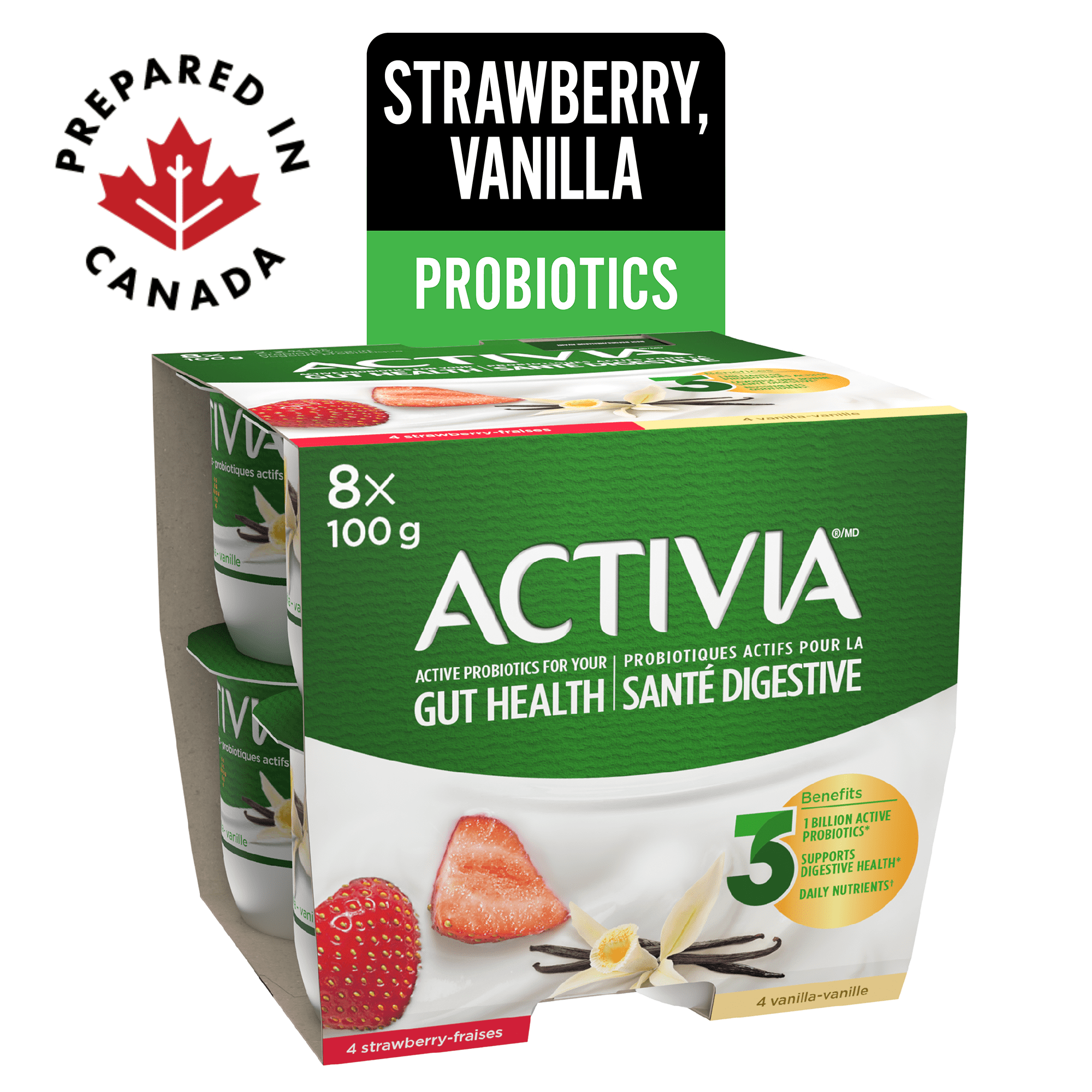 Activia Probiotic Yogurt, Strawberry/Vanilla, 8 x 100 g
