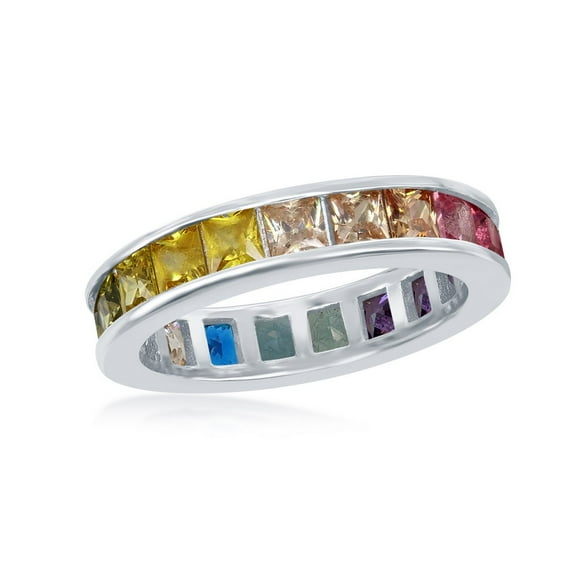 iJewelry2 Sterling Silver Channel Set Rainbow Multicolor CZ Eternity Band Ring Size 6