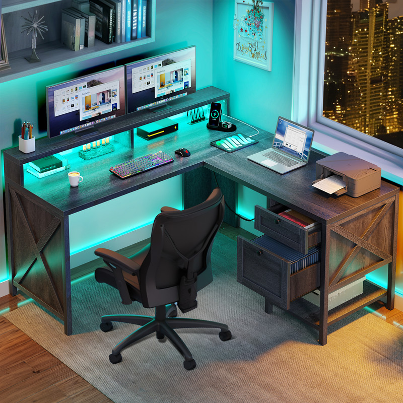 Uforic L Shaped Desk with File Drawer & Monitor Stand, Computer Desk with Power Outlets & LED Lights, Corner Desk Game Desk with Storage Shelves, Gray