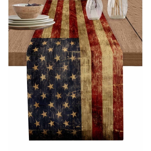 American Flag Table Runner 72 Inches, Farmhouse Vintage Retro Red Blue Bed Runner Dresser Scarves Tabletop for Indoor Outdoor Parties/Ceremony/Banquet, 14" x 72"