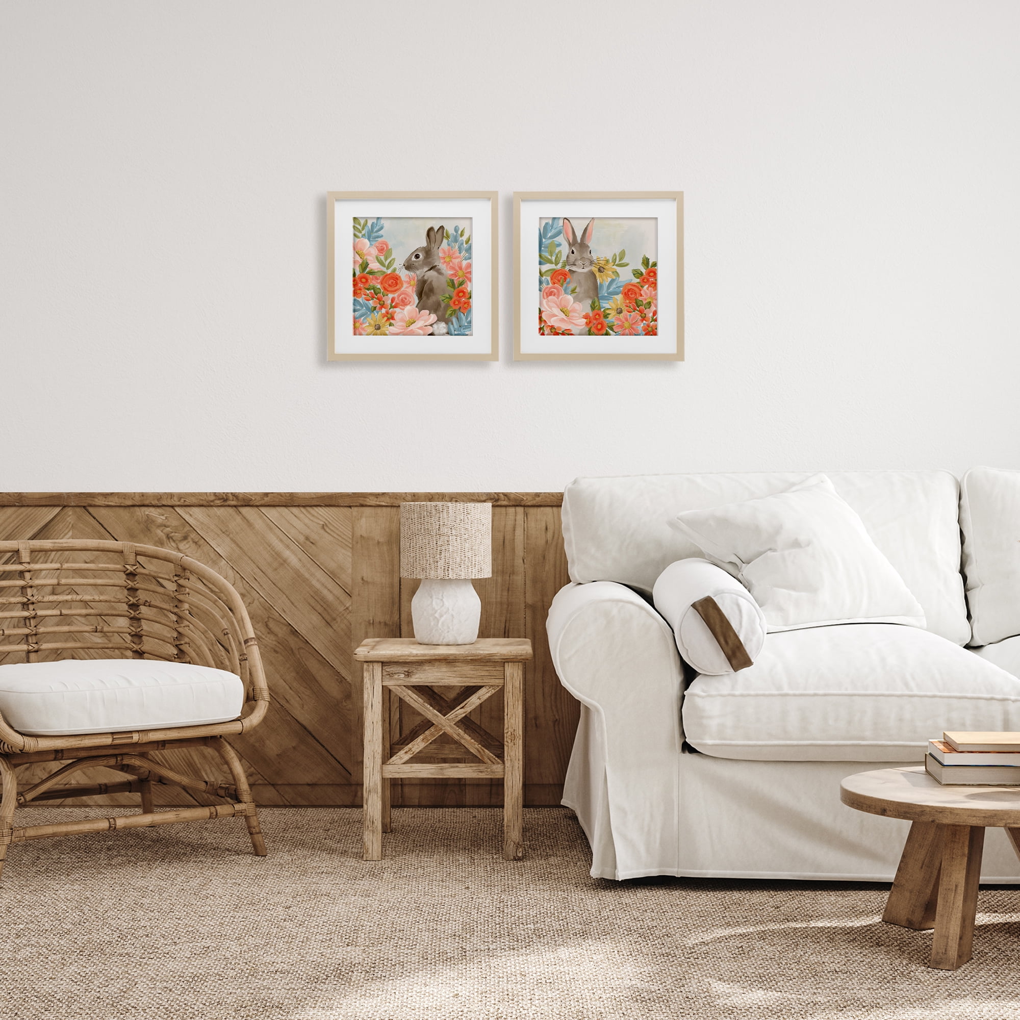 Stupell Industries Bright Bunny Blooms 2 Piece Birch Framed Print Under Glass Set, design by Cat Thurman Designs