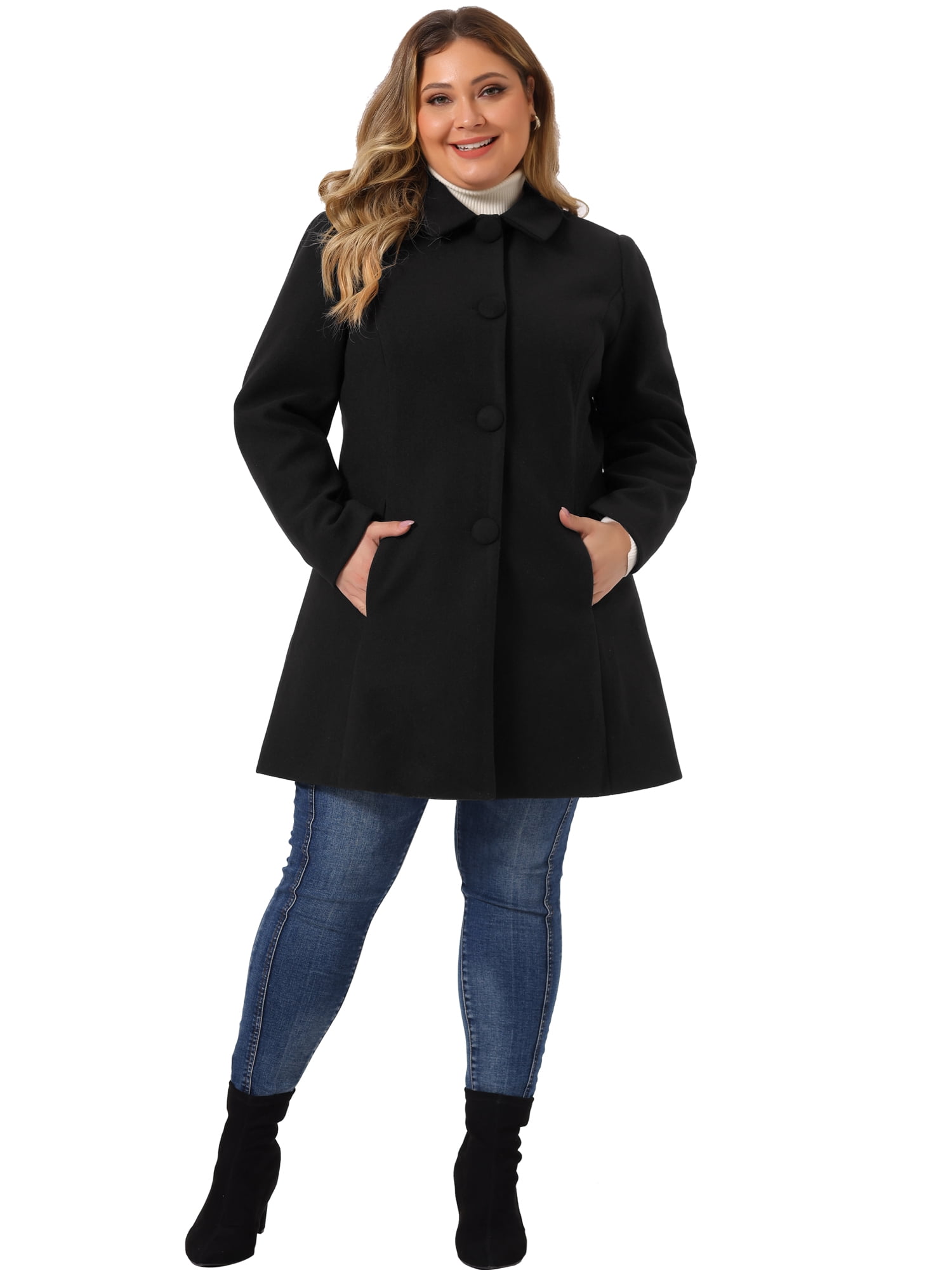DARING DIVA Women's Plus Size Button Down Single Breasted Peacoat Long Coat 2X Black