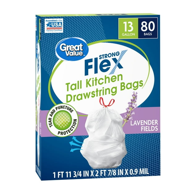 Great Value Strong Flex Tall Kitchen Bags, 13 gallon, 80 Bags (Lavender Fields Scent, Dual