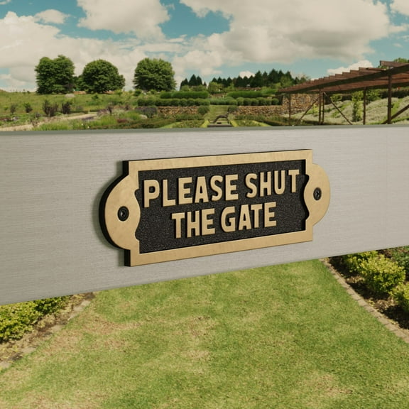 Garden Gate Sign Please Shut Gate Warning Courtesy Privacy Plaque - Brass - Exterior Signage Hardware and Decor w/Mounting Screws Renovators Supply