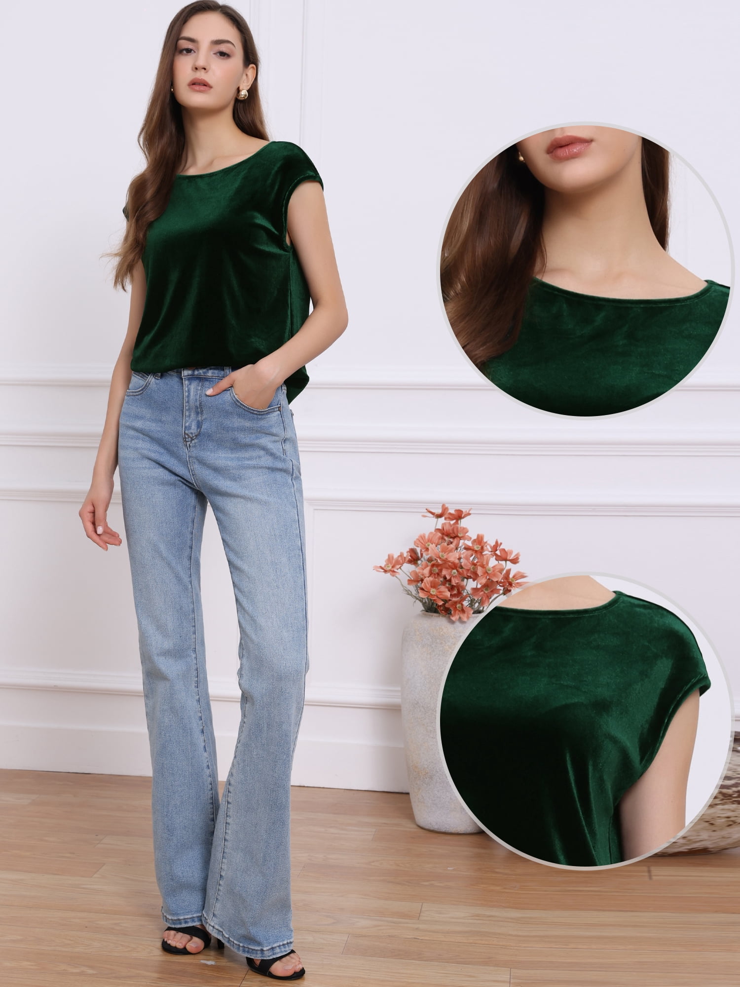 DARING DIVA Women's Velvet Christmas Party Crew Neck Cap Sleeve Top M Dark Green
