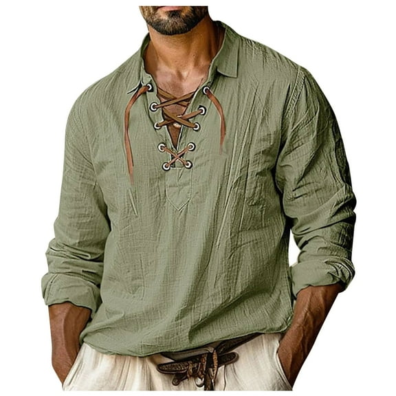 Button Up Shirt Men Turndown Collar Drawstring Long Sleeve Shirt Relaxed Fit Lightweight Solid Color Mens Shirt
