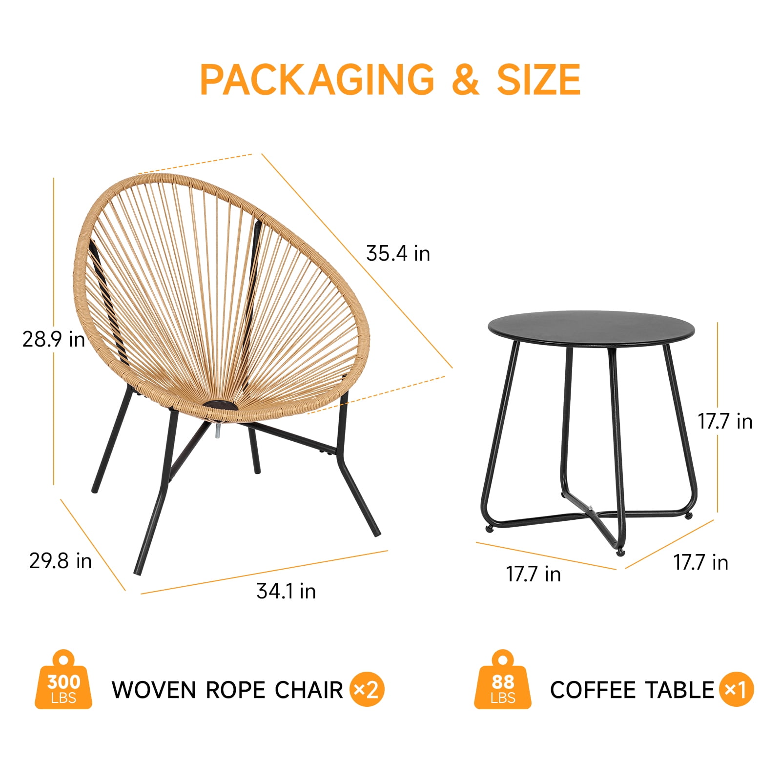 Dovov 3 Piece Patio Acapulco Furniture Bistro Set, Outdoor Bistro Set Acapulco Chairs All-Weather Rattan Wicker Chairs with Plastic Rope and Coffee Table, Beige