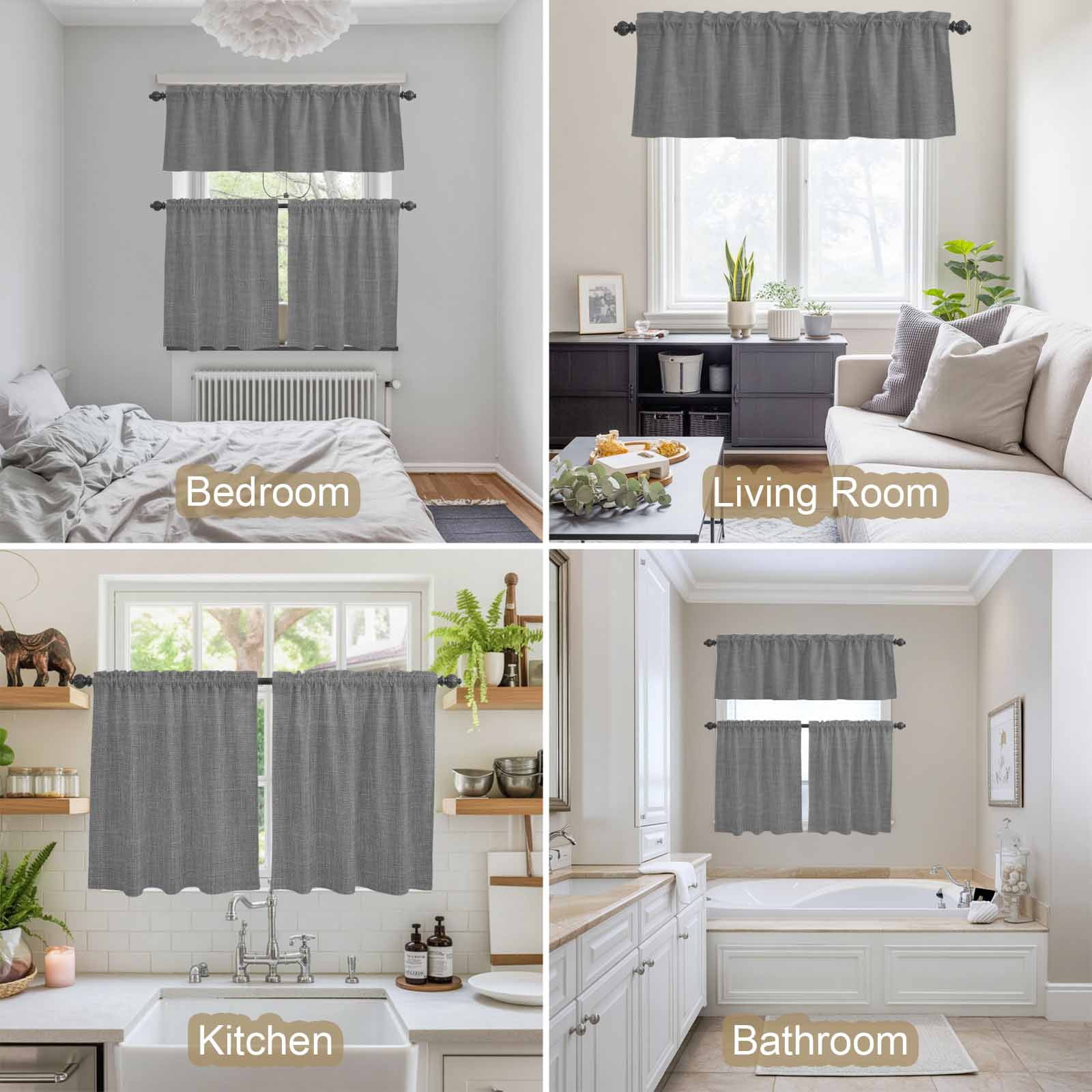 Vintage Dark Gray Kitchen Curtains Sets for Windows 36 Inch Length, Farmhouse Retro Solid Color Linen Texture Rod Pocket Window Treatments Tier Curtains and Valances Set for Bedroom/Bathroom