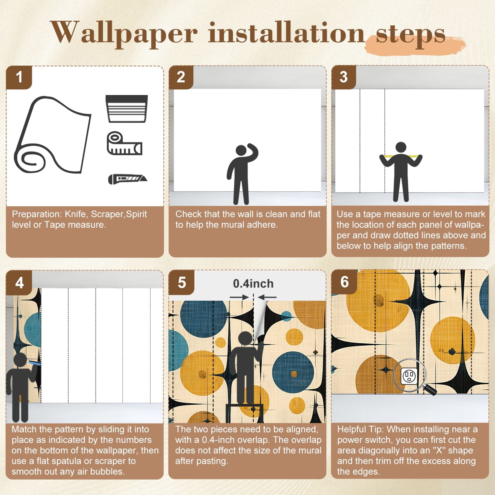 Wallpaper Mid Century Vintage 1950s Modern Retro Circular Motifs Peel and Stick Wall Murals 100"H x 144"W Removable PVC Wall Paper Self-Adhesive Wall Paintings Art Decor for Bedroom Living Room