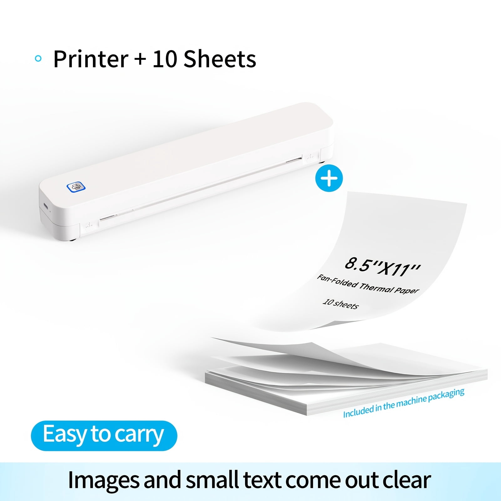 Portable Inkless Travel Thermal Printer+10/110pcs A4 Paper Combo Pack - Compatible With Mobile Phones And Laptops, Supports 8.5X11 Inch Thermal Letter Paper, Suitable For Office, Travel, And Home.