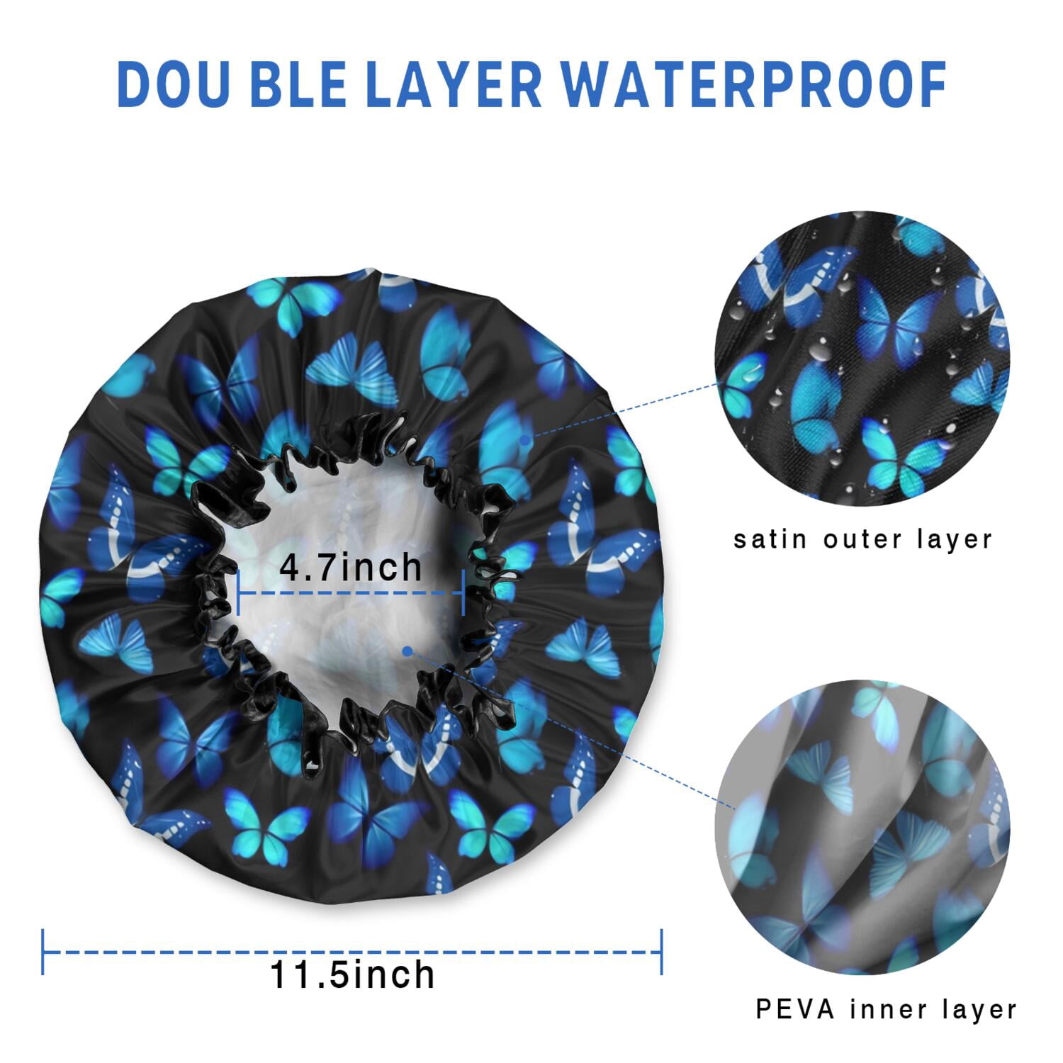 Shower Caps,Black Blue Butterfly Pattern Waterproof Shower Cap for Women 4 Pieces,Double Reusable Hair Cover for Shower PEVA Elastic Stretch Hem