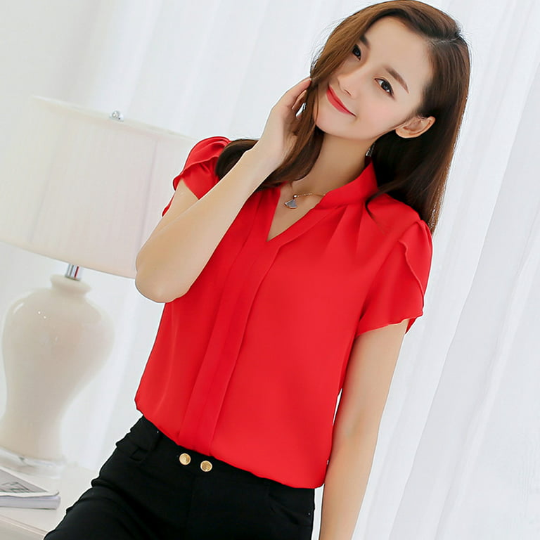 Novelty Red Professional OL Styles Ladies Short Sleeve Female Summer Slim  Fashion Business Women Shirts Tops Clothes Blouses Ladies Blouse Career Job  Interview Blusa Clothing