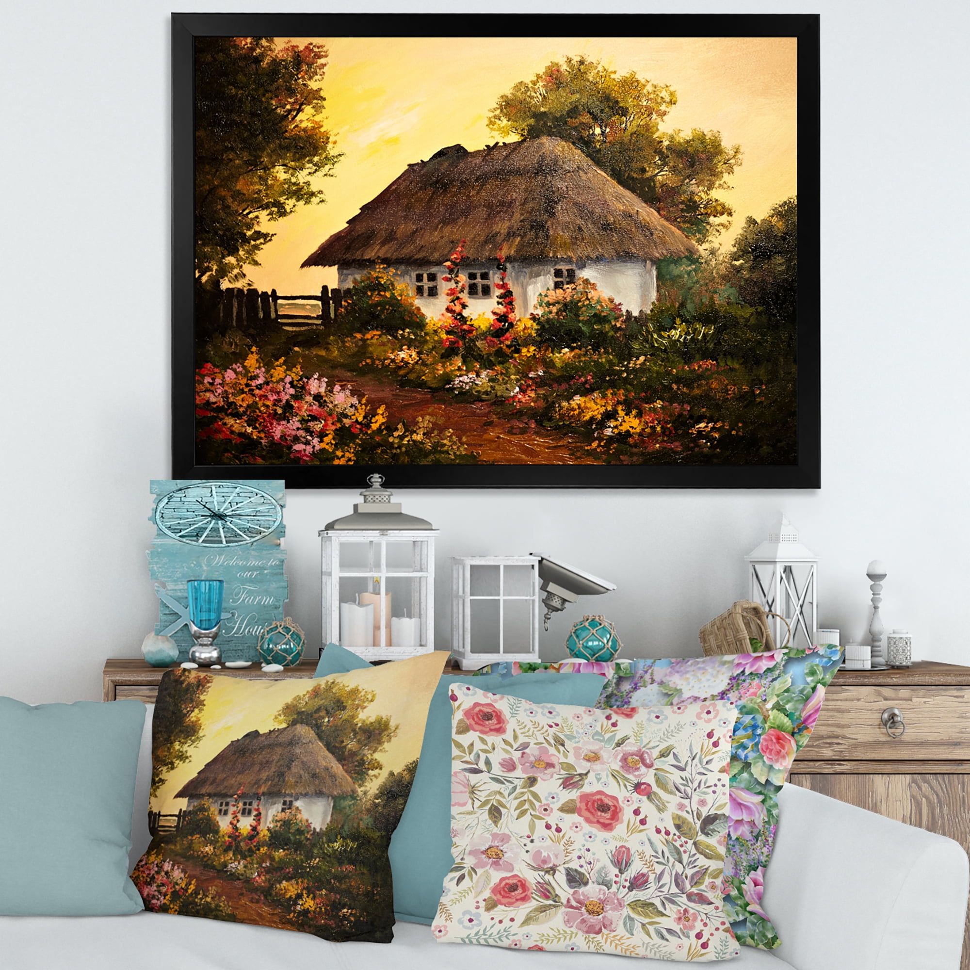 Designart 'Traditional Cottage At Sunset In Autumn Flowers' Traditional Framed Art Print