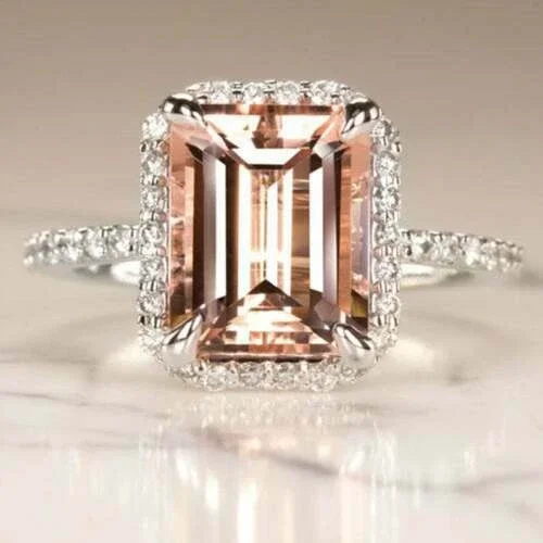 3.00Ct Emerald Cut Lab Created Peach Morganite 14K White Gold Plated Halo Engagement Ring Women's