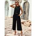 thumbnail image 6 of Women'S Summer 2 Piece Outfits Set Round Neck Sleeveless Tank Crop Top Wide Leg Pants Set with Pockets Black L, 6 of 8