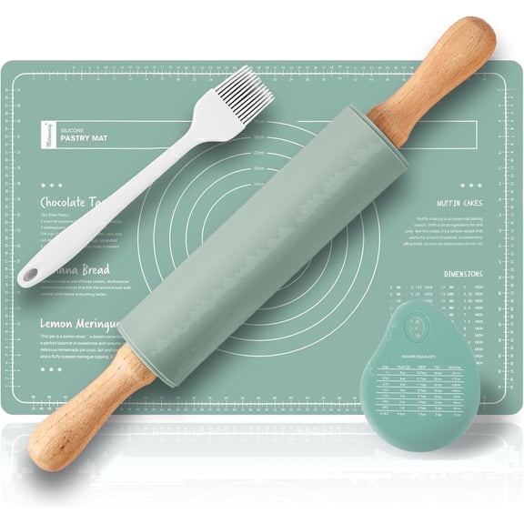 4 Pcs Silicone Baking Set, 14.96in Rolling Pin, Non-Slip Measuring Pastry Mat, Dough Scraper & Pastry Brushes for Dough Baking