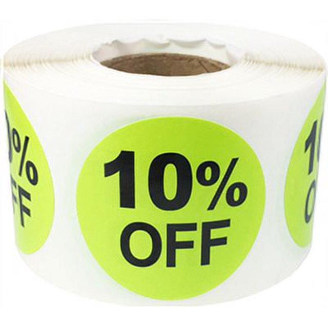 Hot Green 10% Percent Off Stickers for Retail, 1.5 Inch Round, 500 Labels on a Roll