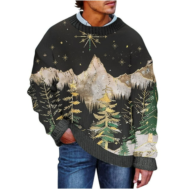 Small Christmas Tree,Christmas Tree Collar,Mens Christmas Tree Pattern Christmas Cozy Sweater Long Sleeve Crew Neck Top,Christmas Sweater Men,Sweaters for Men