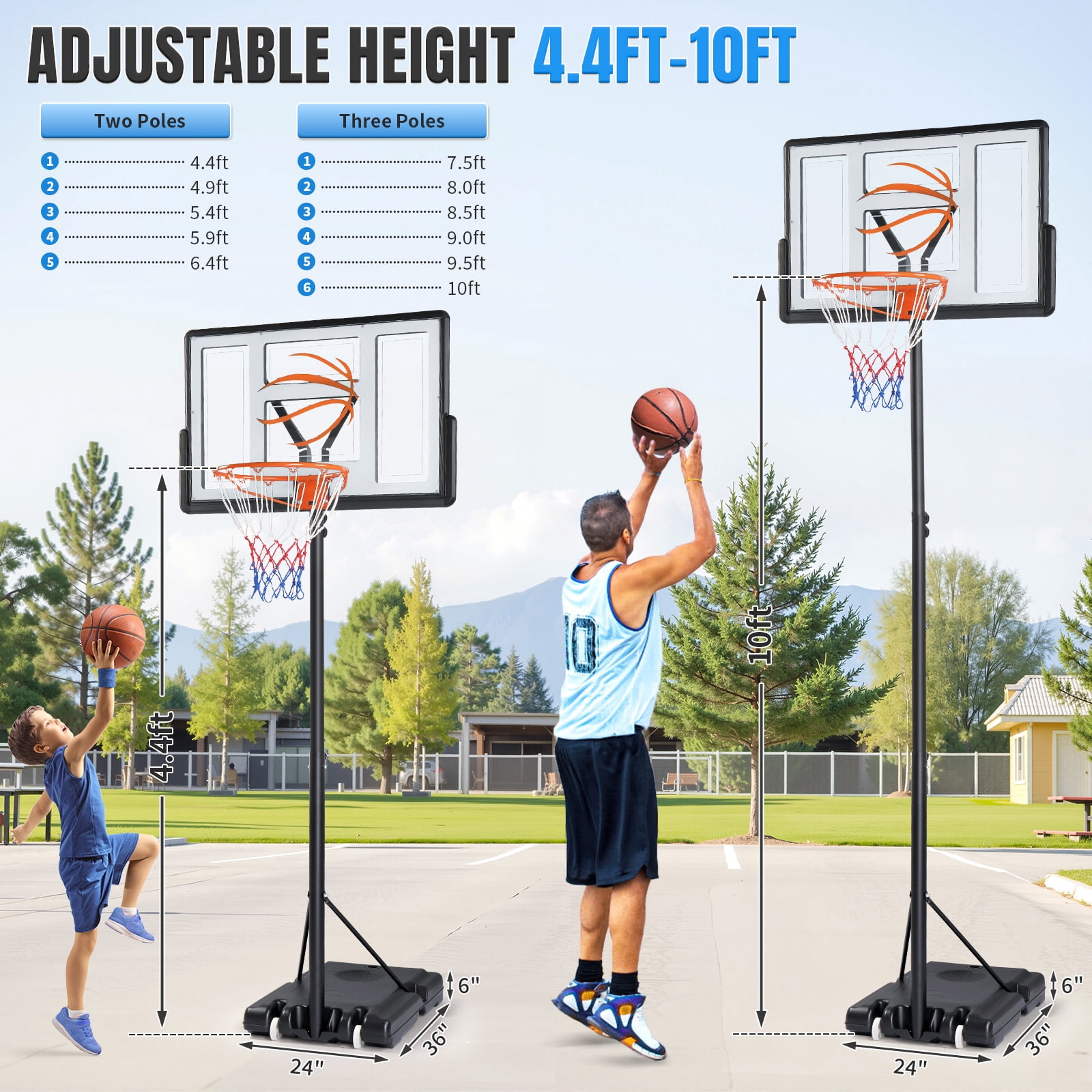 Ktaxon 44" Portable Basketball Hoop Outdoor, 4.4-10ft Height Adjustable, Shatterproof Backboard, Gray Orange