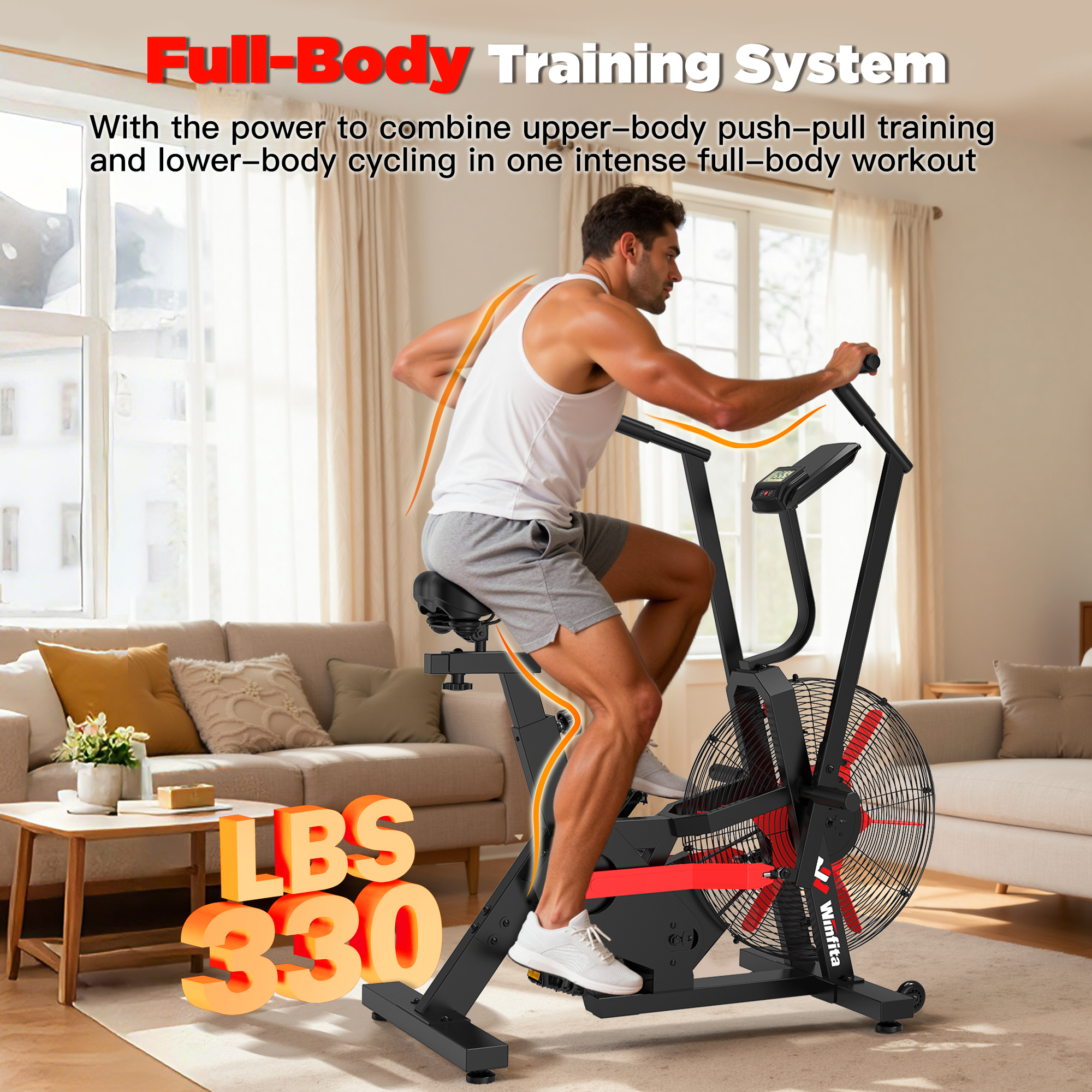 Air Cardio Fitness Training Equipment Fan Workout Bike with Exercise Arms, LCD Monitor, Phone Holder & Built-in Wheels, Fully Adjustable Stationary Exercise Bike for Home Gym Workout Fitness